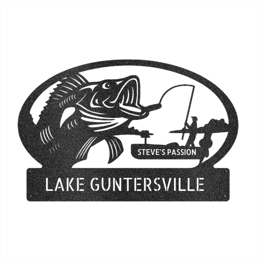 Personalized Bass Fishing Metal Sign with Angler Scene and Name Plate - Steel Sign