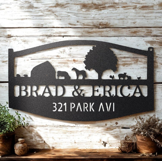 Personalized Farm Address Metal Sign with Barn and Livestock Scene