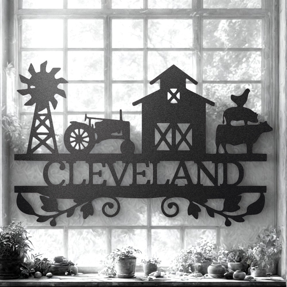 Personalized Farm Metal Sign Windmill Tractor Barn and Livestock Scene- Steel Sign
