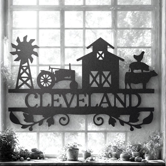 Personalized Farm Metal Sign Windmill Tractor Barn and Livestock Scene- Steel Sign
