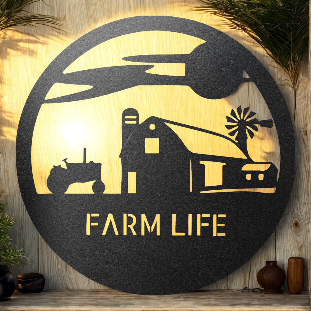 Farm Life Metal Wall Art Sign with Barn Tractor and Windmill - Steel Sign