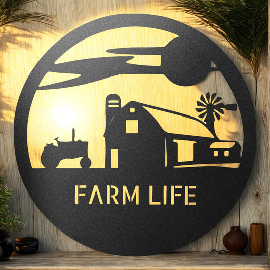 Farm Life Metal Wall Art Sign with Barn Tractor and Windmill - Steel Sign