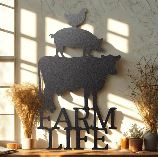 Farm Life with Cow Pig and Chicken Stack Silhouette Design - Steel Sign