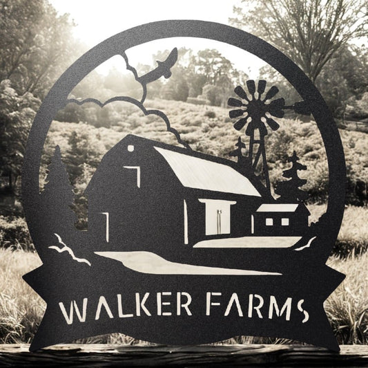 Personalized Farm with Barn Windmill Trees and Country Landscape Scene - Steel Sign