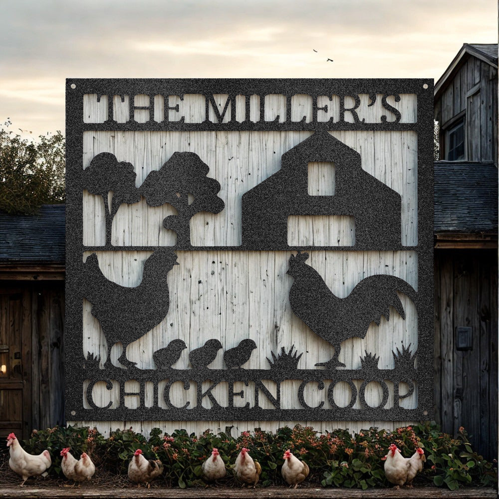 Personalized Chicken Coop Farm Metal Sign with Name and Barn Scene - Steel Sign