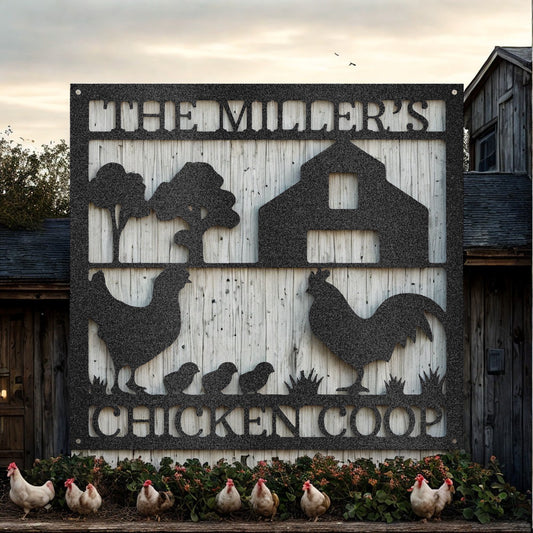 Personalized Chicken Coop Farm Metal Sign with Name and Barn Scene - Steel Sign