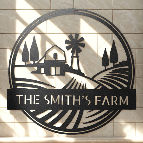 Personalized Farm Name Metal Sign with Barn Windmill and Rolling Fields - Steel Sign