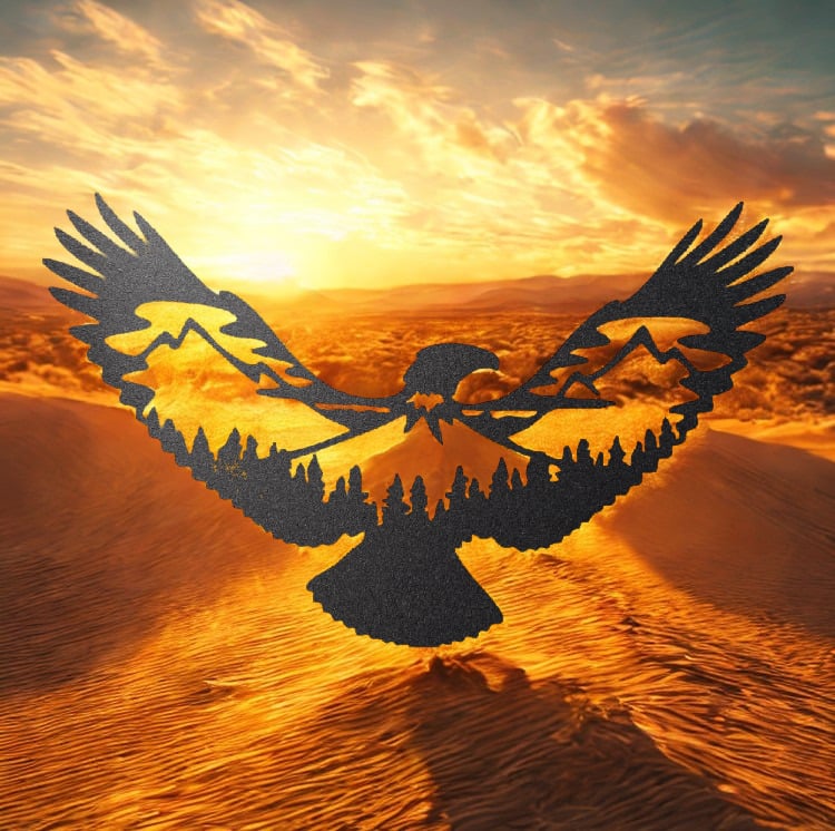 Flying Eagle Metal Wall Art Sign with Mountain and Forest Scene - Steel Sign