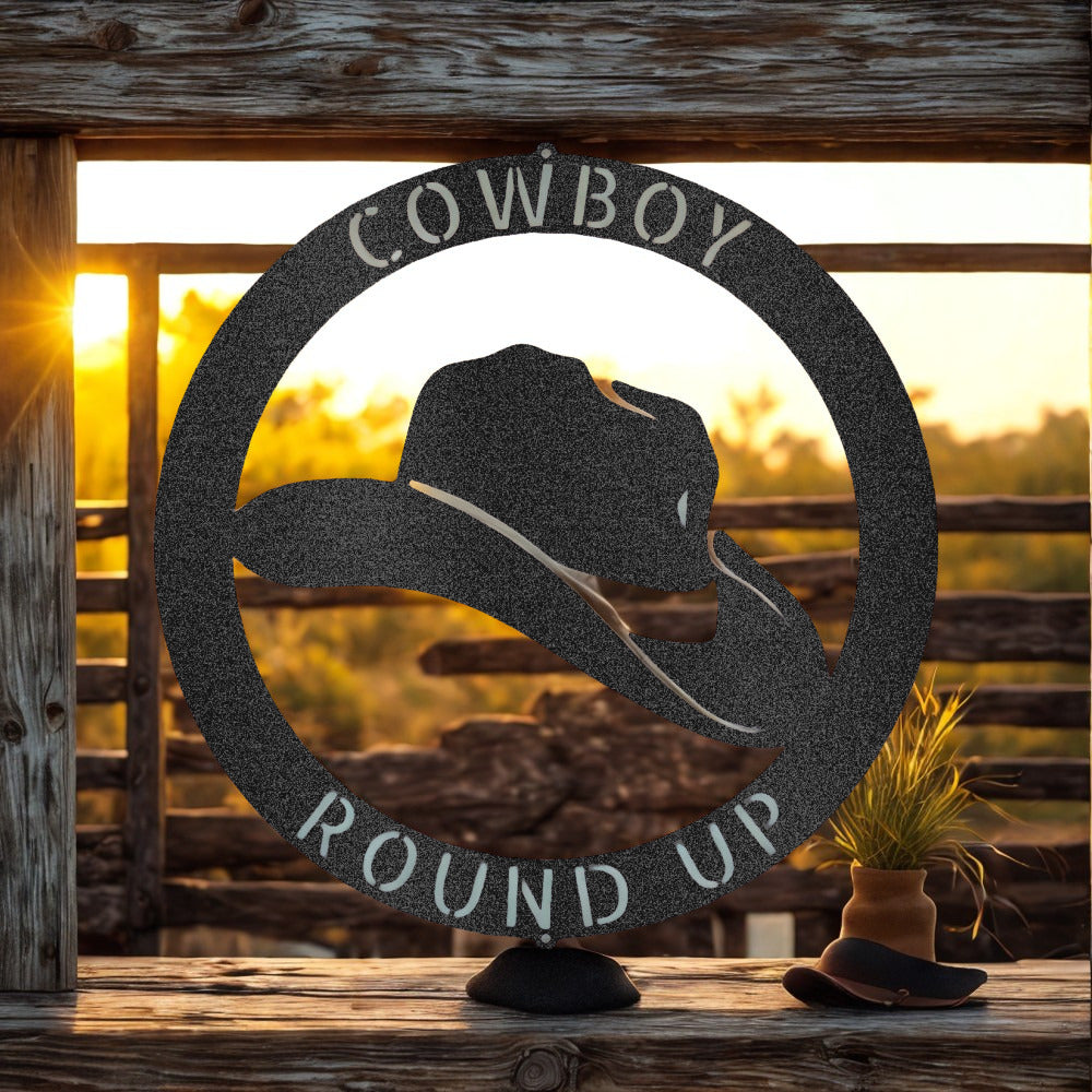 Cowboy Round Up with Western Hat Silhouette and Circular Frame - Steel Sign