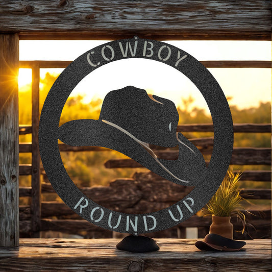 Cowboy Round Up with Western Hat Silhouette and Circular Frame - Steel Sign