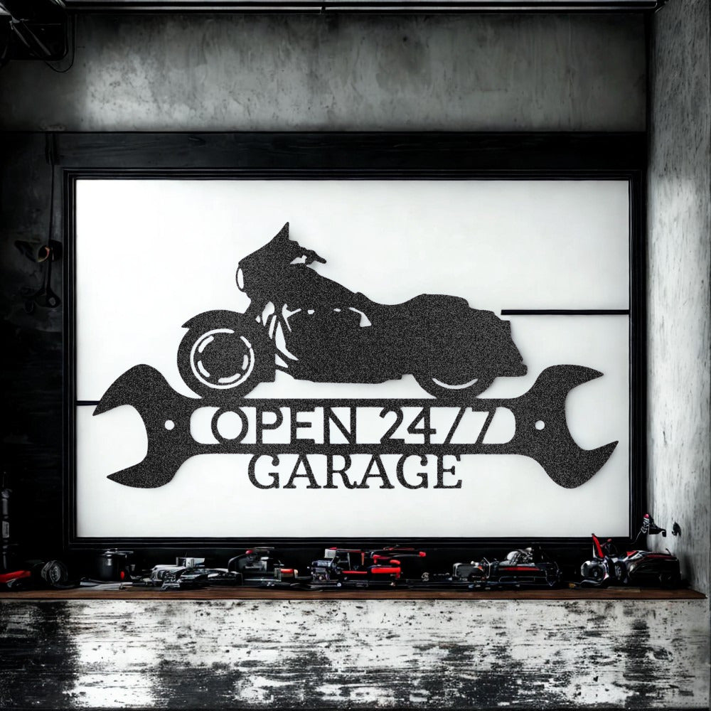 Motorcycle Garage Metal Sign with Open 24/7 Text and Wrench Design - Steel Sign