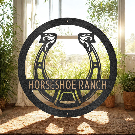 Personalized Horseshoe Ranch with Double Horseshoe & Circular Frame - Steel Sign