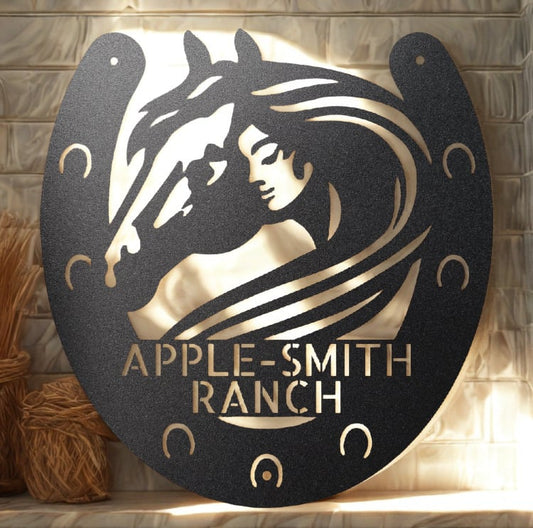 Personalized Horse and Rider Ranch Metal Sign with Horseshoe Frame - Steel Sign