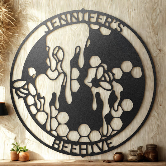 Personalized Cow and Beehive Metal Sign Farmhouse Wall Art with Custom Name - Steel Sign