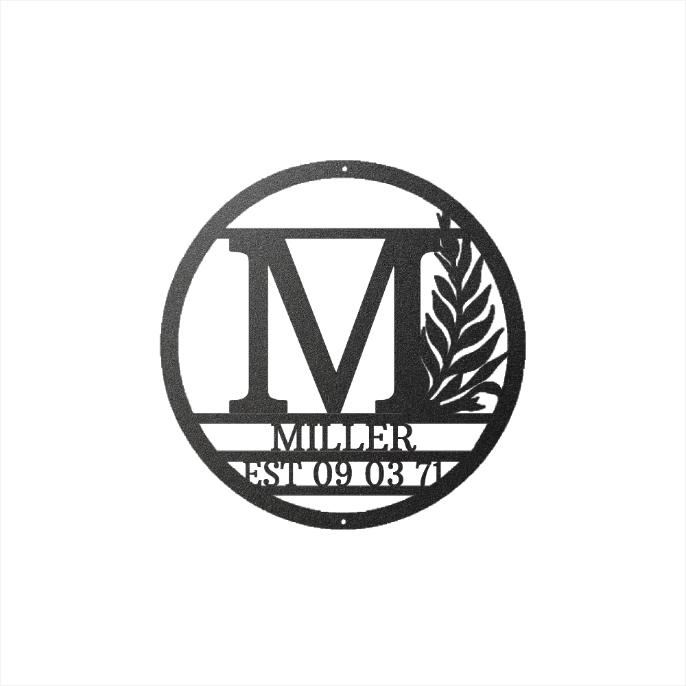 Custom Monogram Metal Sign with Leaf Accent – Personalized Family Name & Established Date Wall Decor