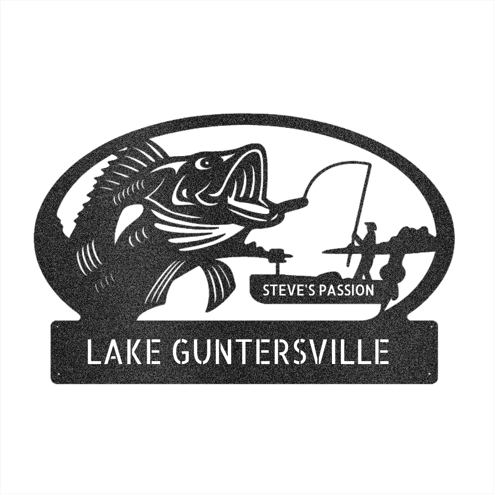 Personalized Bass Fishing Metal Sign with Angler Scene and Name Plate - Steel Sign