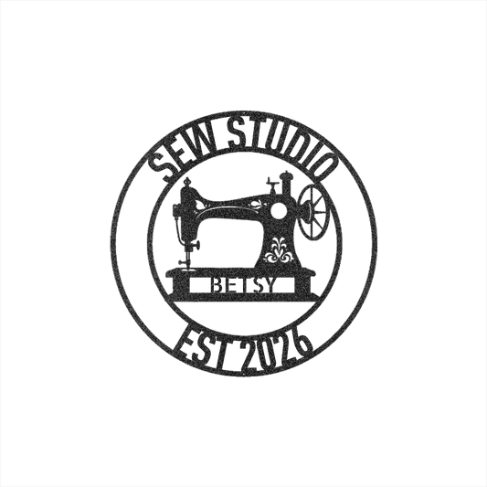 Custom Circular Sewing Machine Memorial Sign with Name and Established Date - Steel Sign