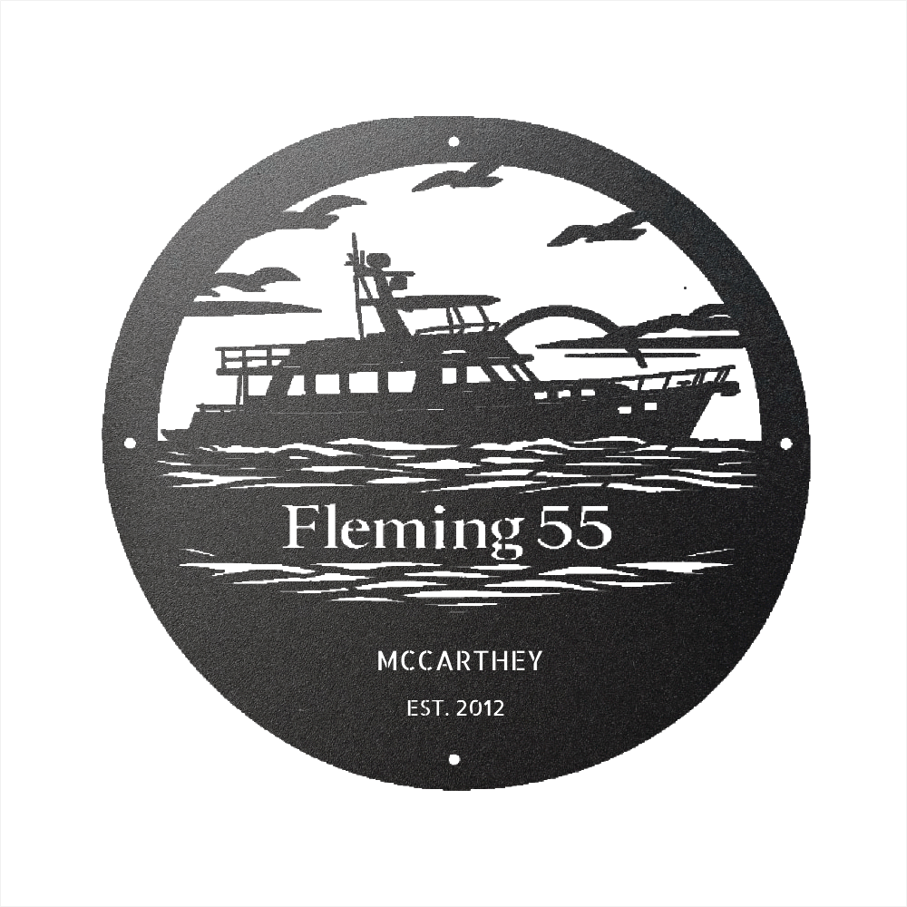 Fleming 55 Luxury Trawler Custom Powder Coated Metal Sign - Steel Design