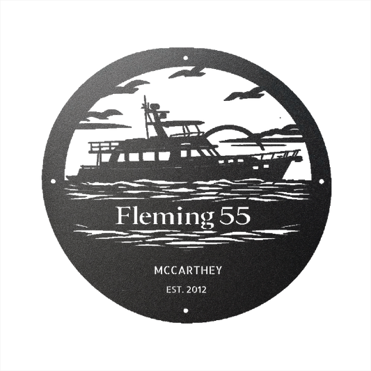 Fleming 55 Luxury Trawler Custom Powder Coated Metal Sign - Steel Design