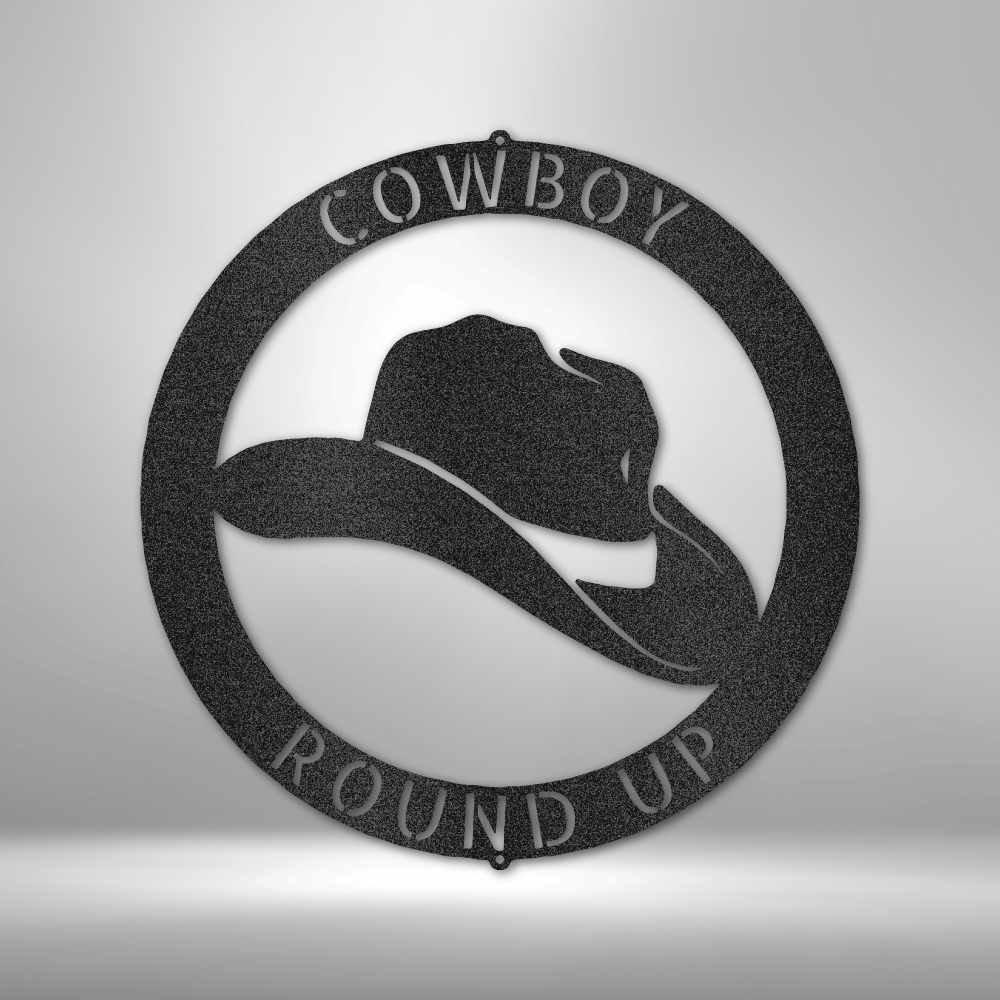 Cowboy Round Up with Western Hat Silhouette and Circular Frame - Steel Sign