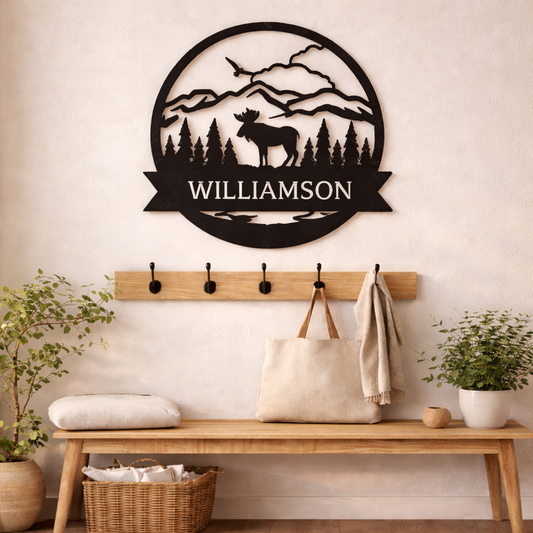 Personalized Moose Mountain Metal Sign Rustic Wildlife Wall Art - Steel Sign
