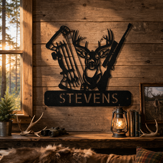 Personalized Deer Hunting with Bow Rifle and Custom Name Plate - Steel Sign
