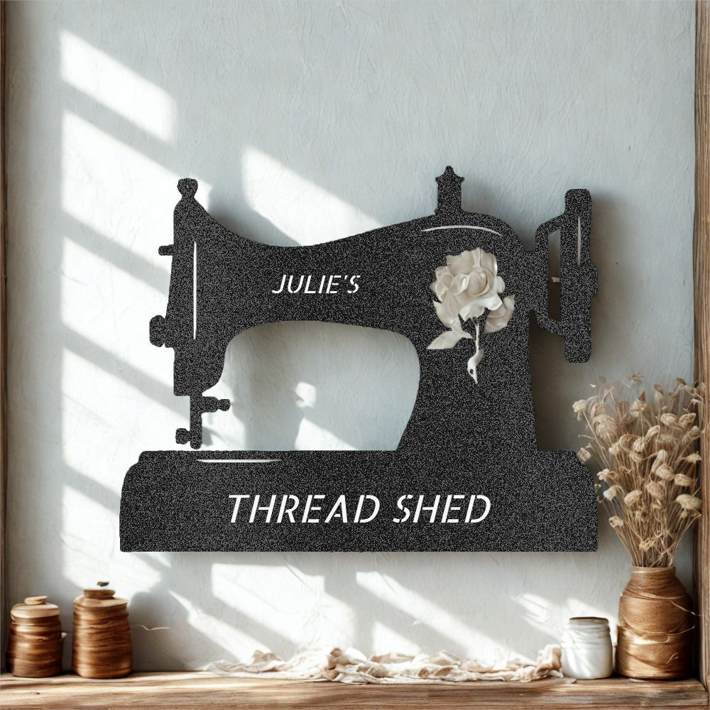 Vintage Sewing Machine with Rose Silhouette Metal Wall Art - Steel Sign