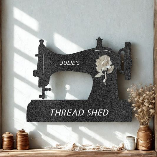 Vintage Sewing Machine with Rose Silhouette Metal Wall Art - Steel Sign
