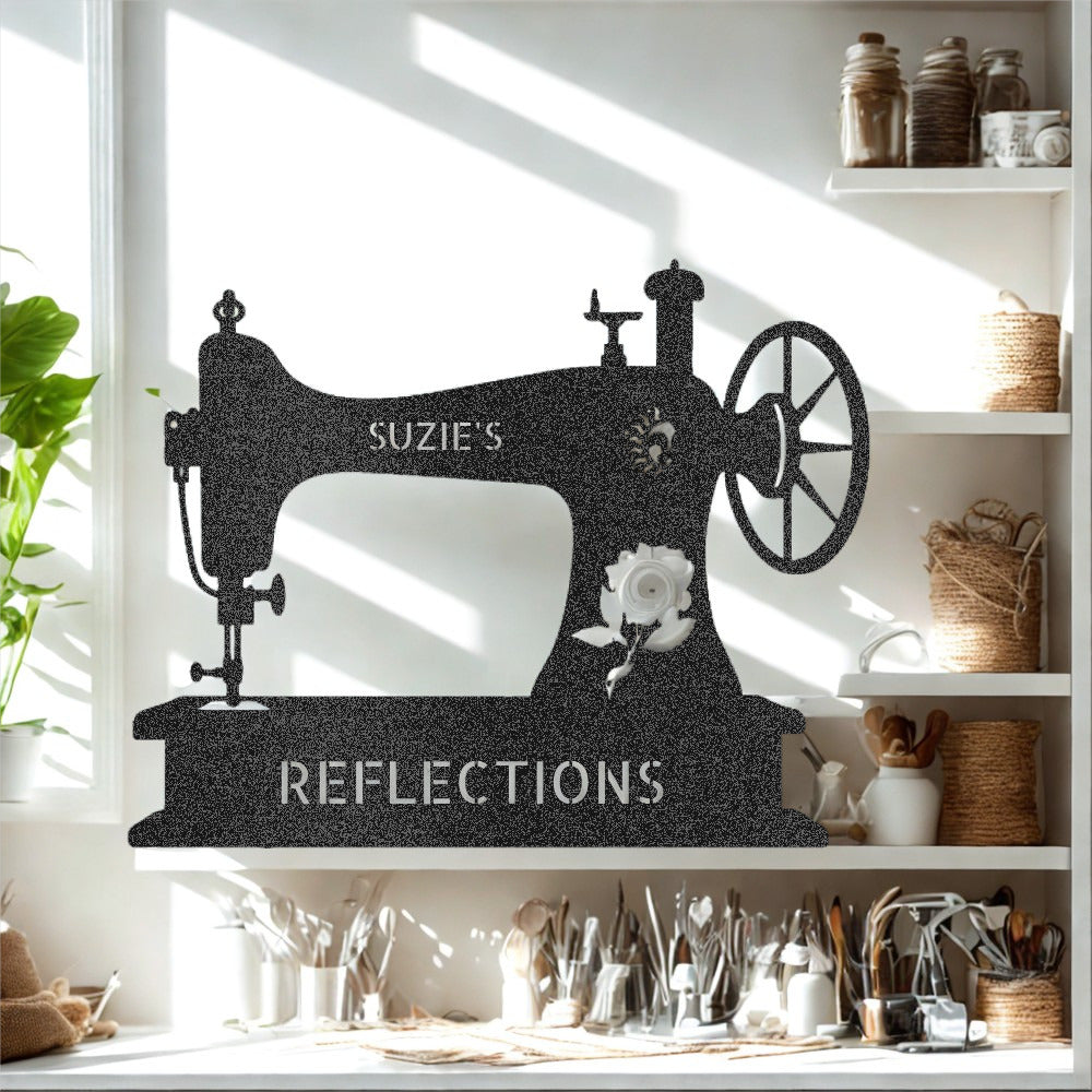 Vintage Sewing Machine with Sun Moon and Rose Metal Wall Art - Steel Sign