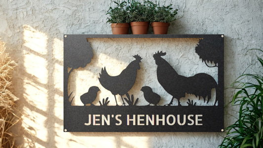 Personalized Chicken Coop Metal Sign with Hen, Rooster and Chicks - Steel Sign