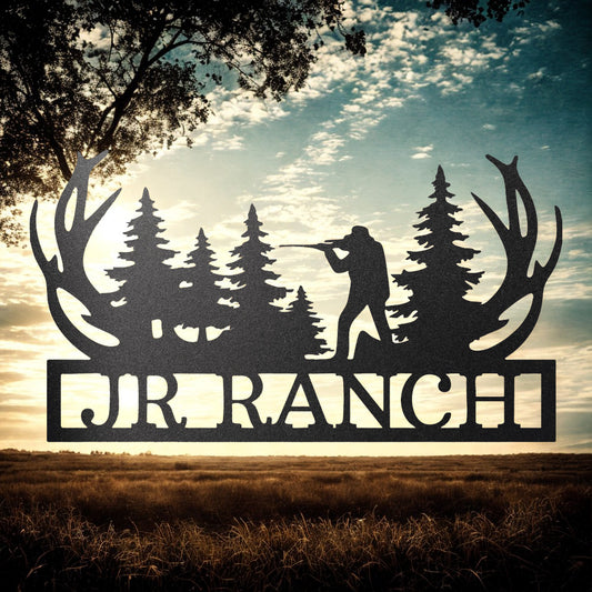Personalized Hunting Ranch Metal Sign with Deer Antlers and Hunter Scene - Steel Sign