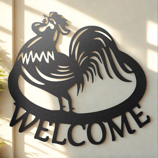Rooster Welcome Metal Sign Farmhouse Chicken Wall Art - Steel Sign