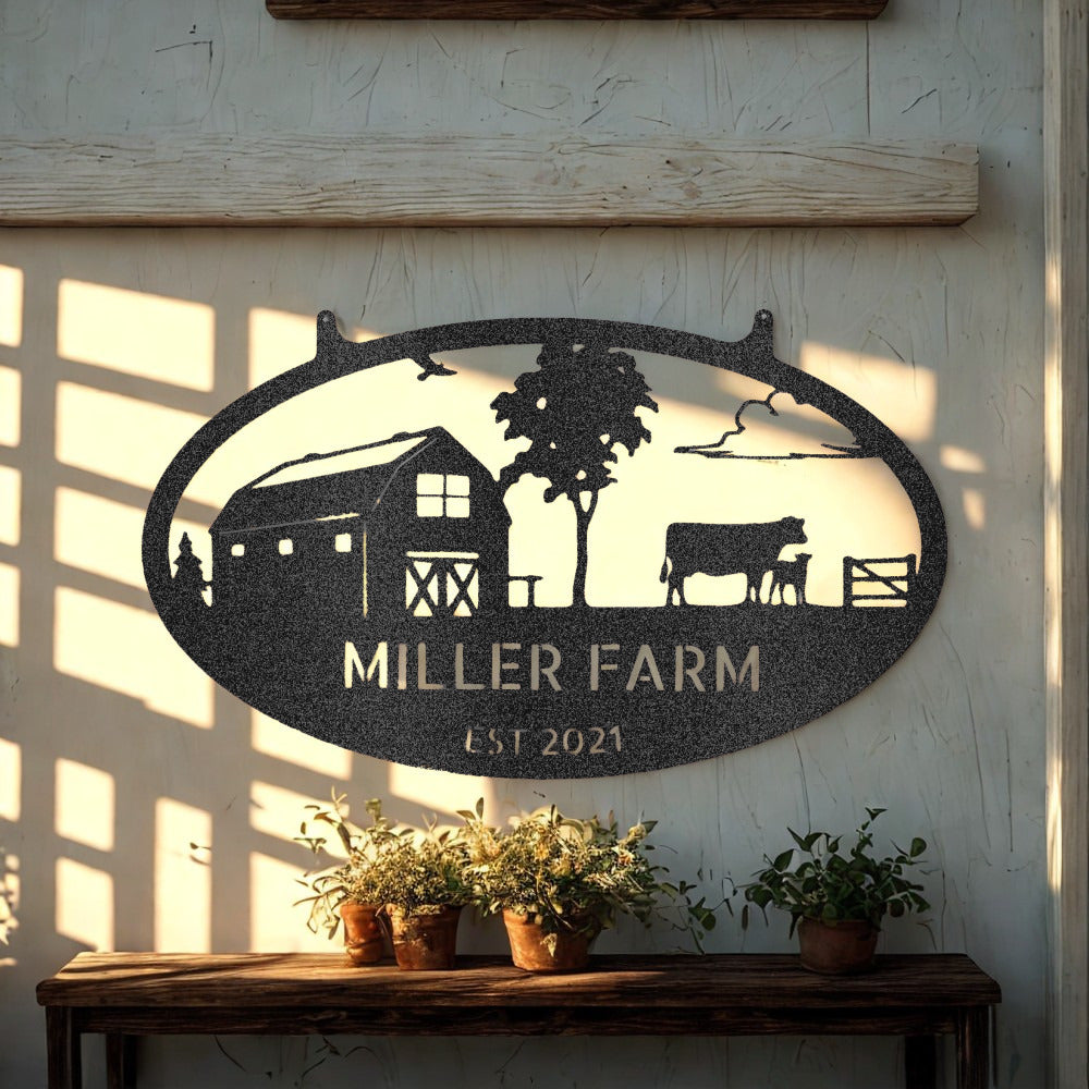 Personalized Farm Scene Metal Sign with Barn, Tree and Livestock - Steel Sign