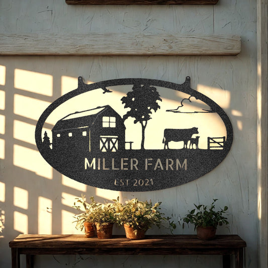 Personalized Farm Scene Metal Sign with Barn, Tree and Livestock - Steel Sign