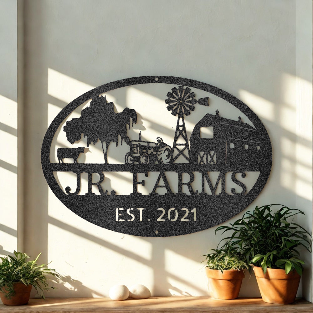 Personalized Farm Name with Tractor Windmill Barn and Livestock Scene - Steel Sign